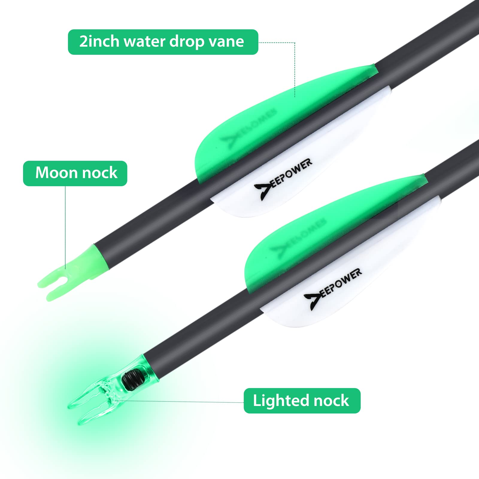 DEEPOWER carbon arrow fletching with green and white vanes for stable flight