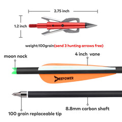 DEEPOWER bolts with 100-grain mechanical broadheads for hunting and practice