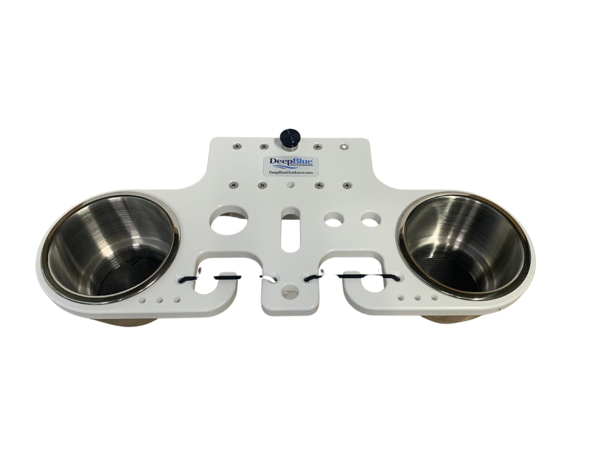 DeepBlue Outdoors Pontoon Rail Double Cup Holder with dual cup slots and rod holders.