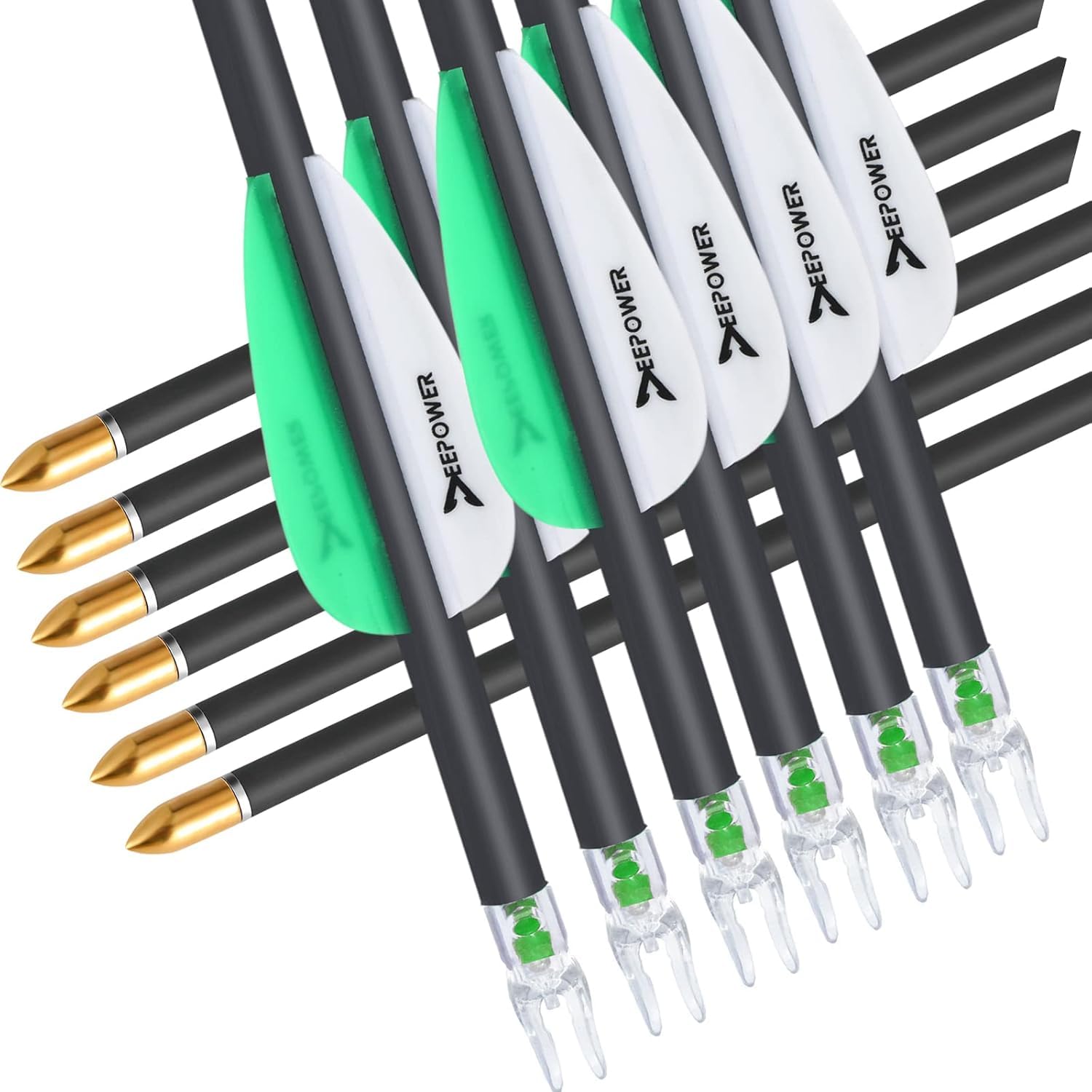 DEEPOWER carbon arrows with green and white vanes visible during target practice.