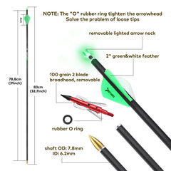 DEEPOWER arrow fletching detail showing green and white vanes for stable flight