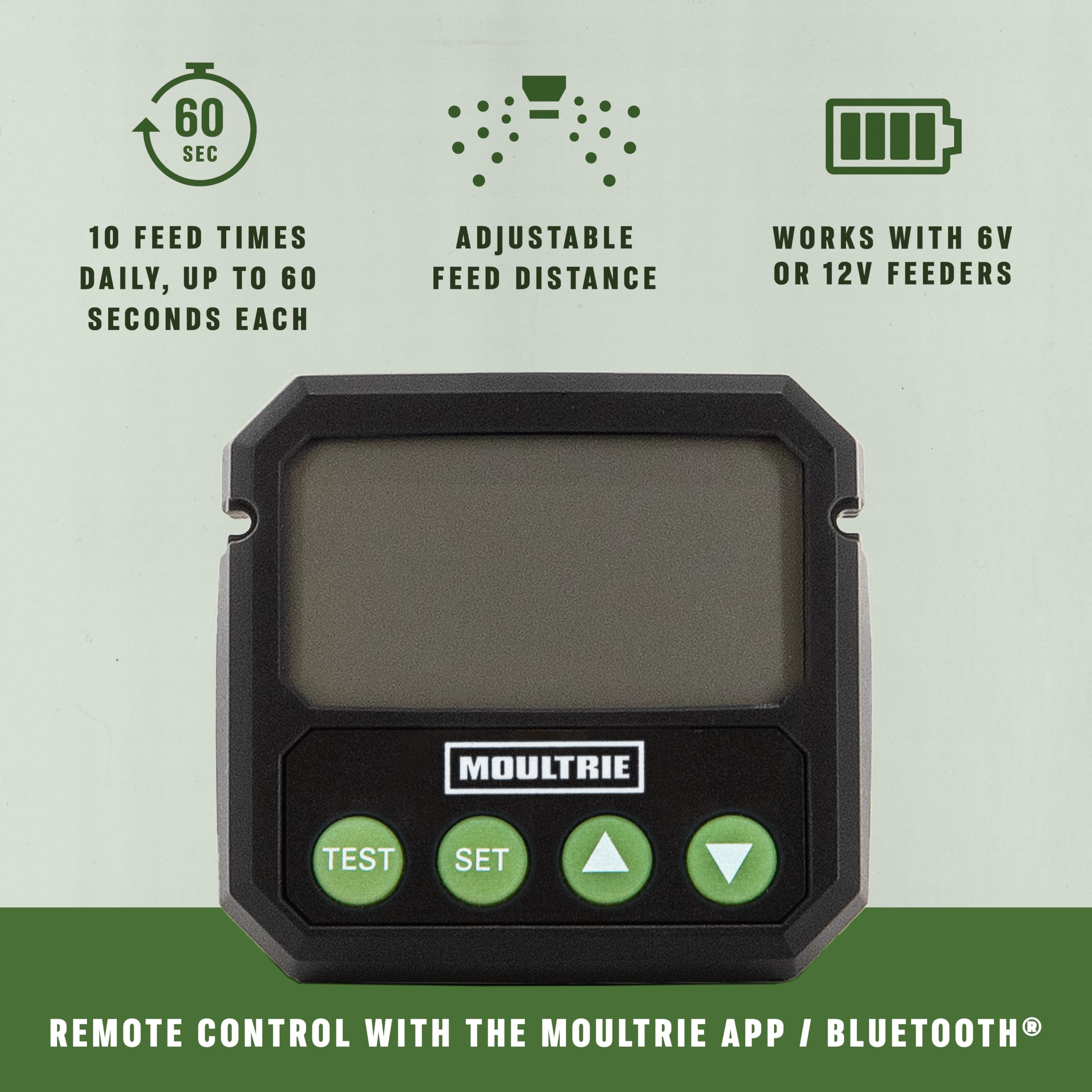 Deer feeder timer displaying 10 available feed times