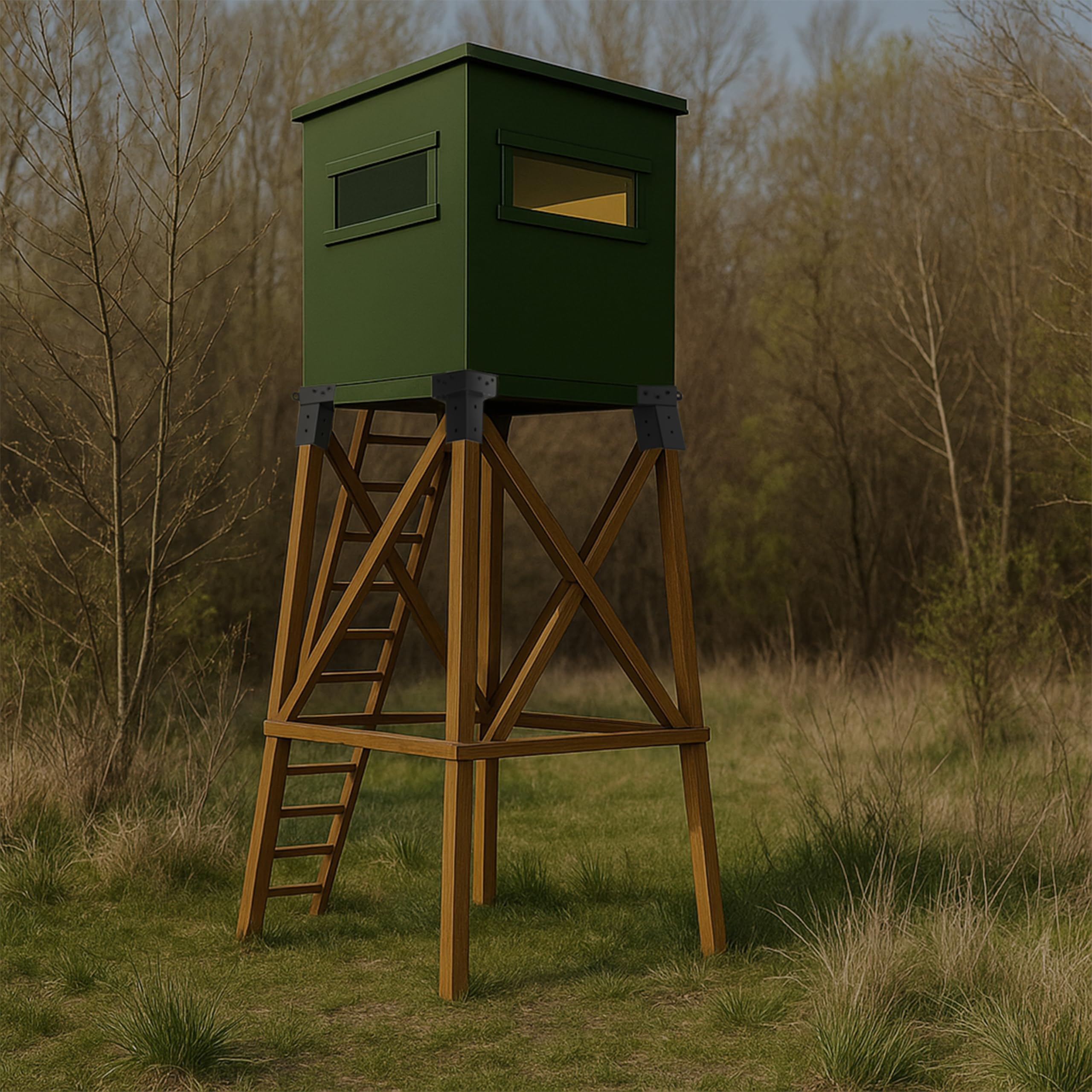 Deer Stand Brackets assembled on a deer blind platform demonstrating stability