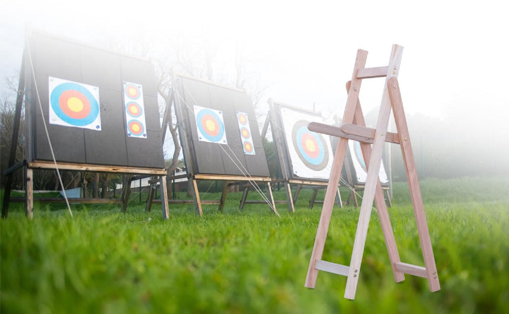 DEERACE wooden archery target stand indoor outdoor use for backyard and training spaces.