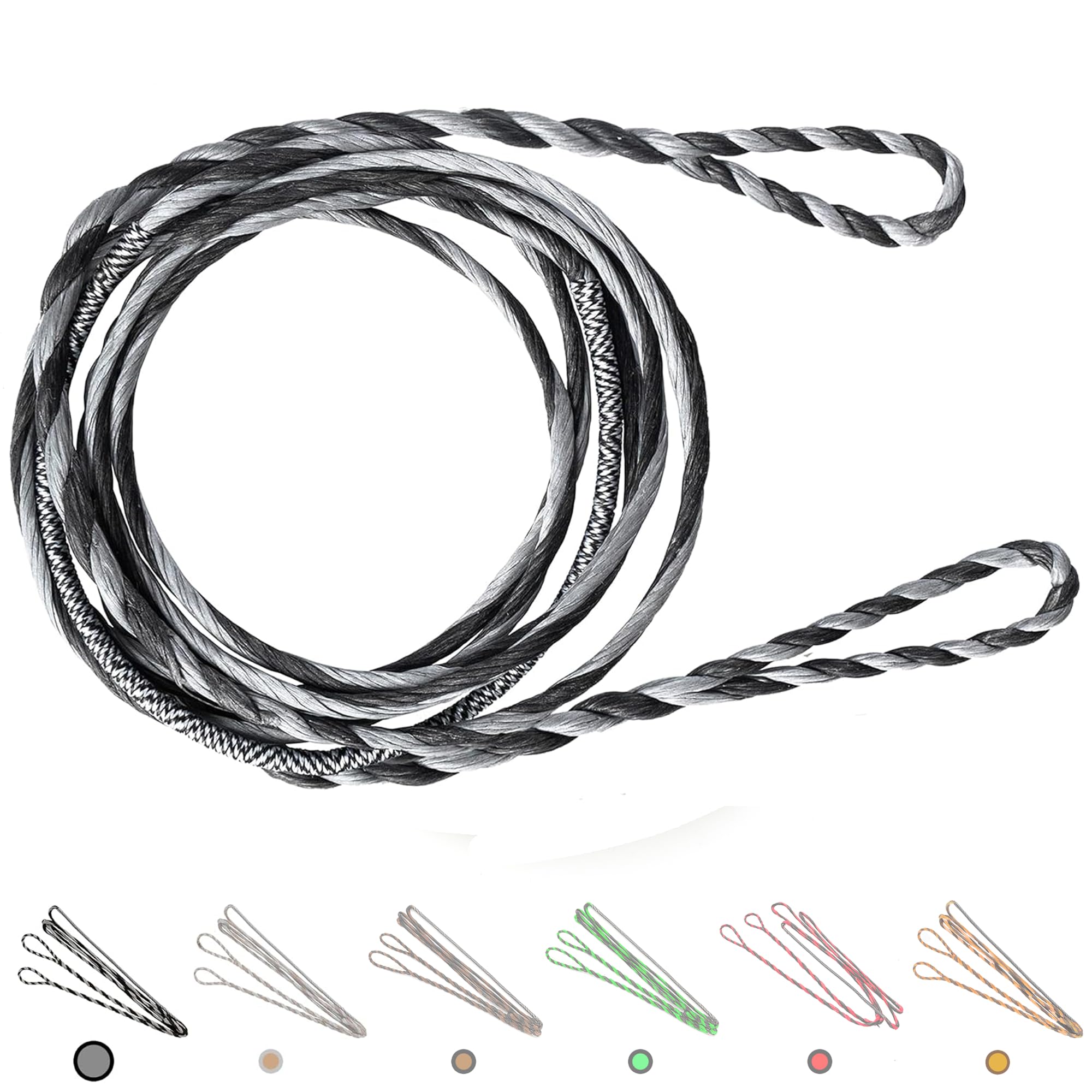 Deerseeker Flemish D97 bowstring in gray and black for durable longbow performance.