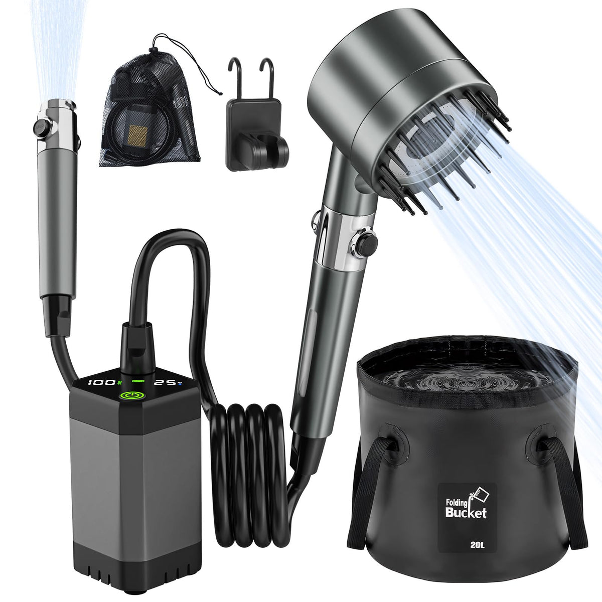 Deeteck portable shower front view for outdoor cleaning on camping trips