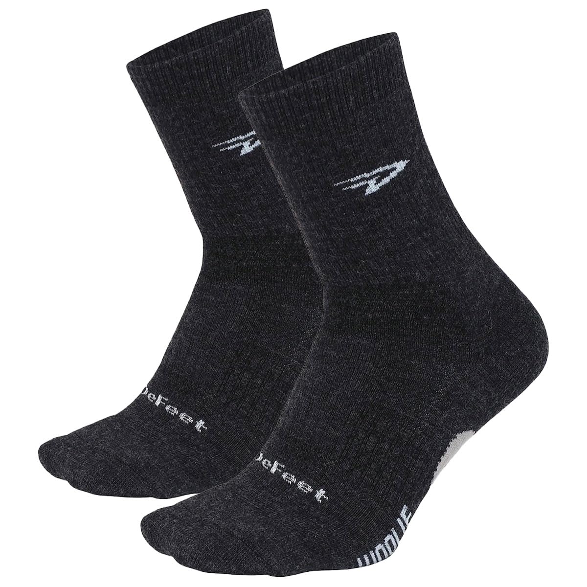 DEFEET Woolie Boolie charcoal crew socks, front view, offering cushioned comfort for cycling.