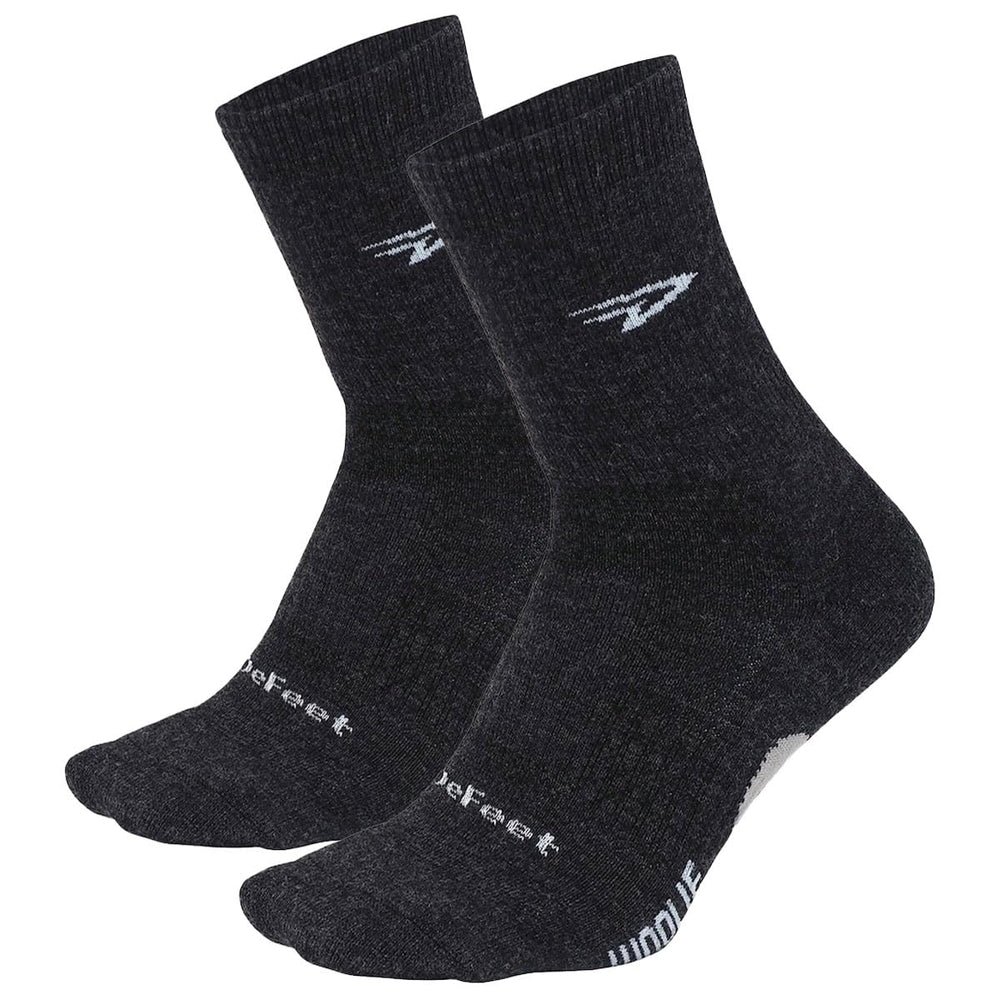 DEFEET Woolie Boolie charcoal crew socks, front view, offering cushioned comfort for cycling.