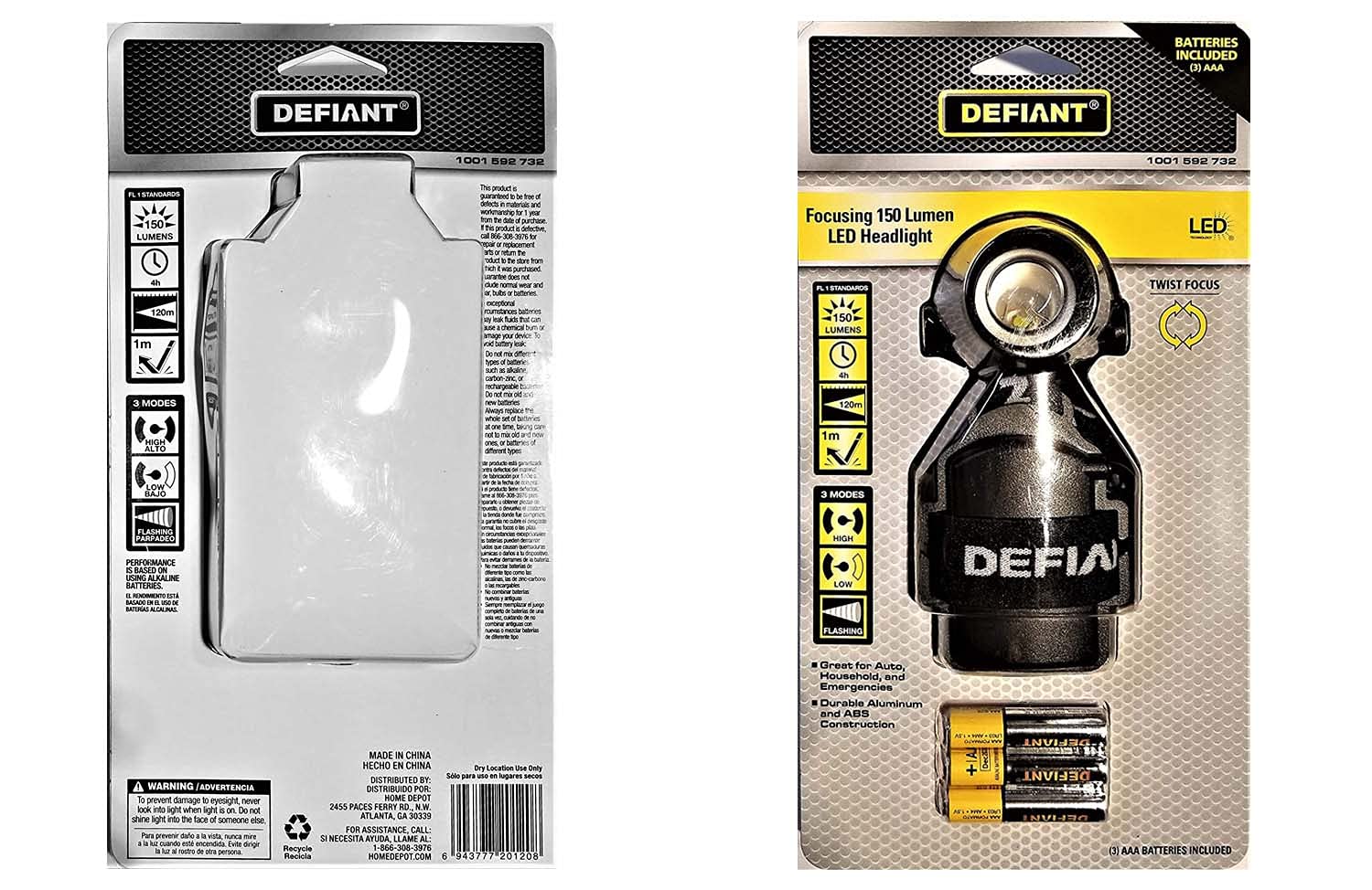 Defiant headlamp battery-powered with included batteries for quick setup.
