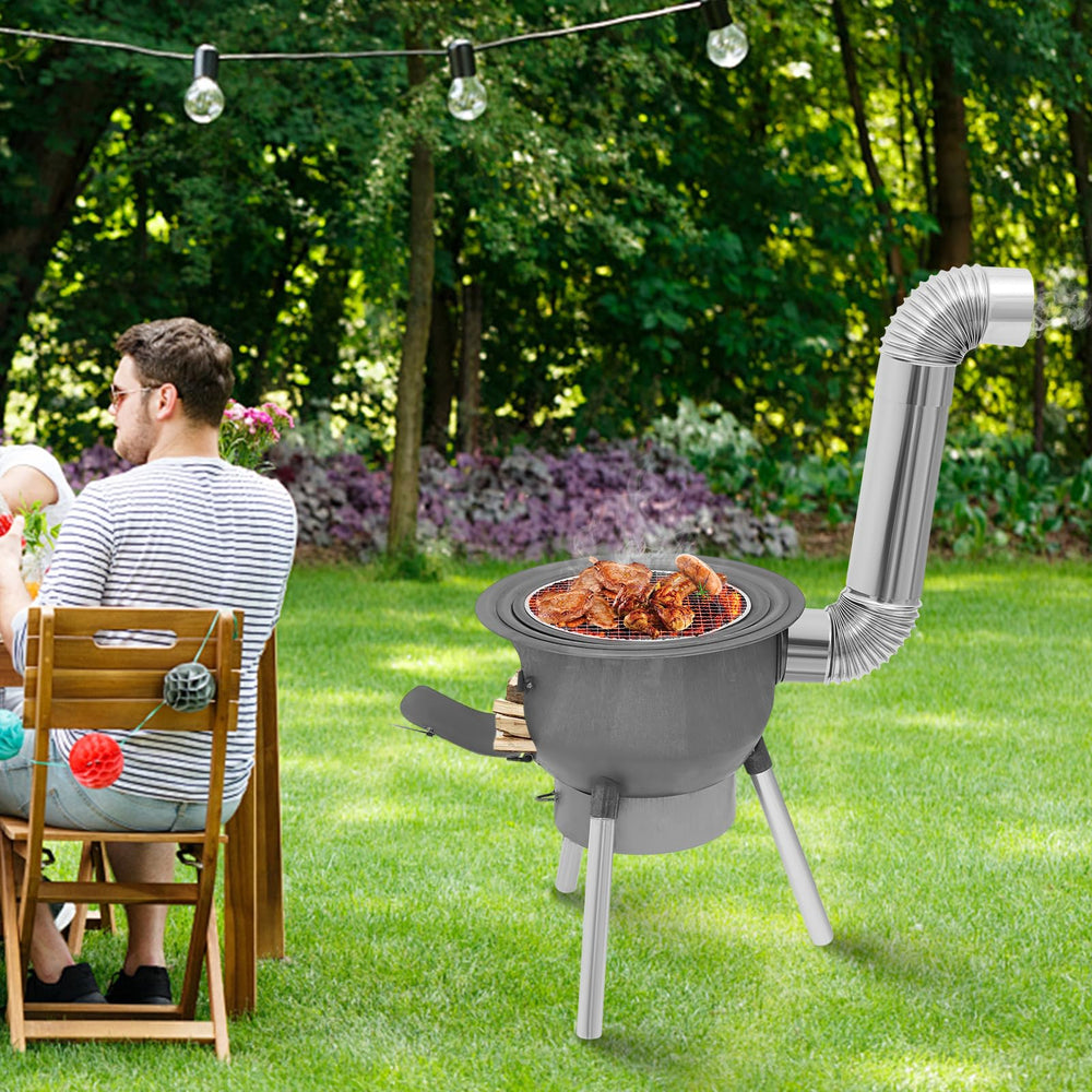 DEIGEHJRE wood stove with grill rack ready for campfire meals and grilling.