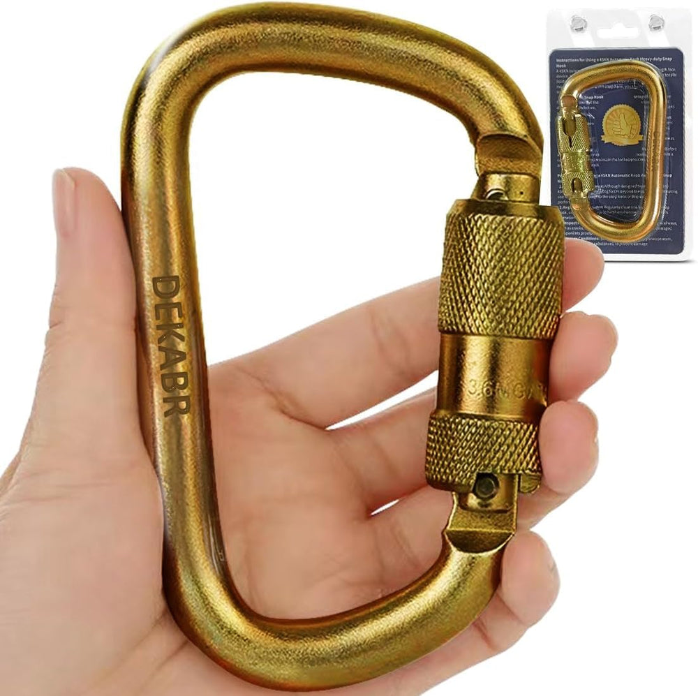 DEKABR heavy-duty steel auto-locking carabiner front view for secure climbing connections.