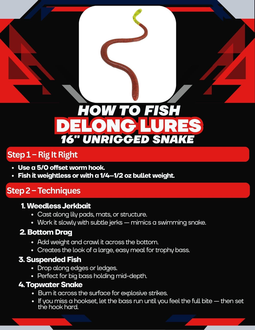Delong Lures 16-inch snake lure pack with ten lures ready for trophy bass.