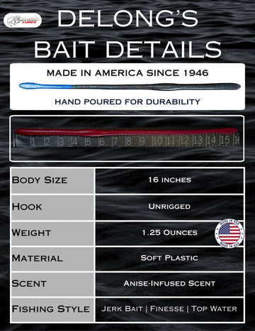 Delong Lures anise-scent infused lure label highlights attractant during long fishing sessions.