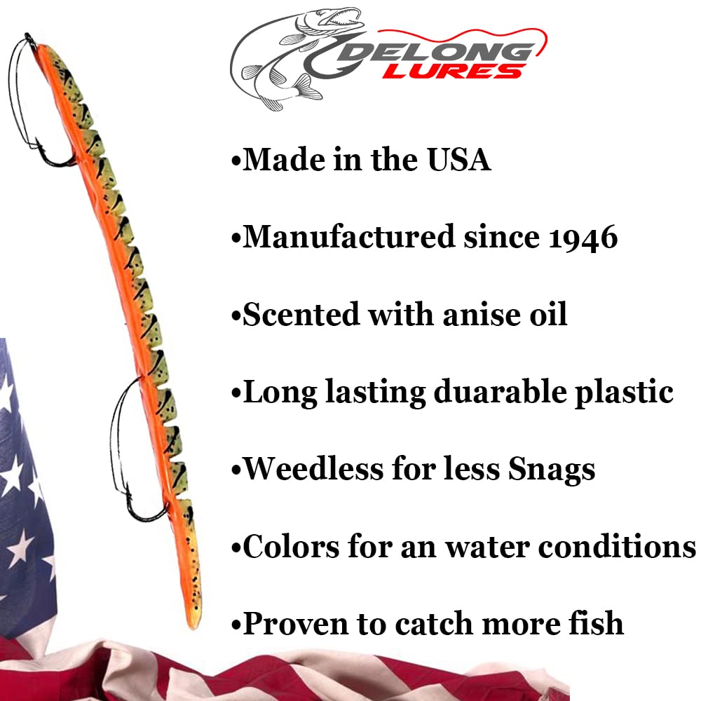 Delong Lures Bass Witch weedless worm in black with blue flek for low light bites.