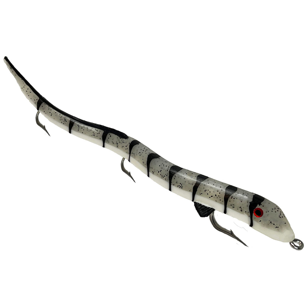 Delong Lures Kilr Eel 13-inch swimbait in action drawing muskies with lifelike movement