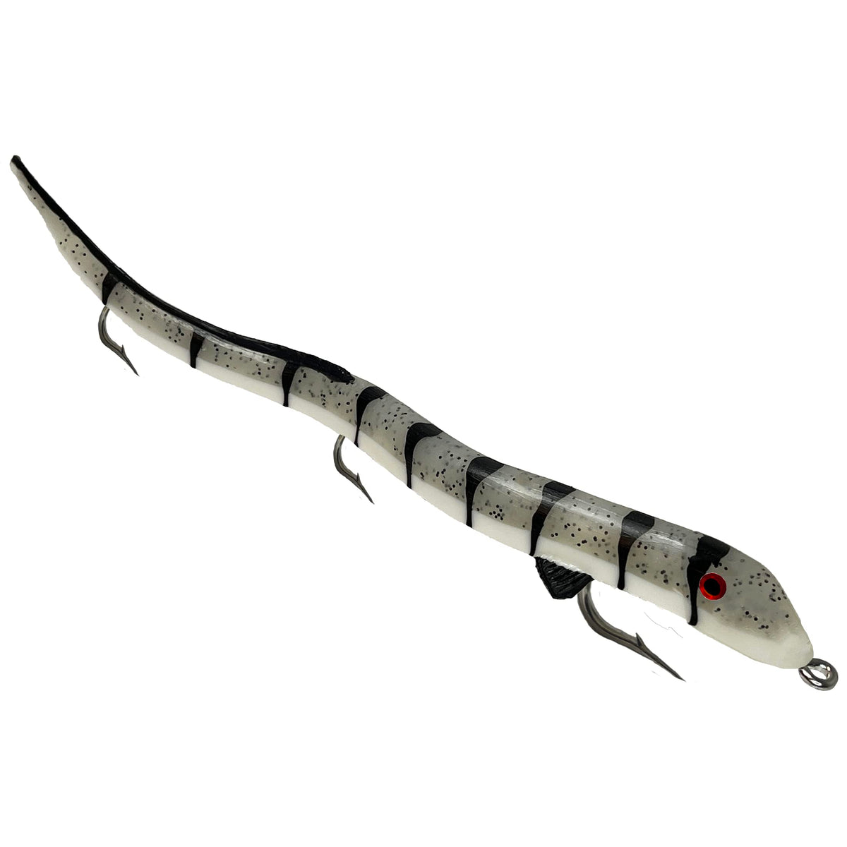 Delong Lures Kilr Eel 13-inch swimbait in action drawing muskies with lifelike movement