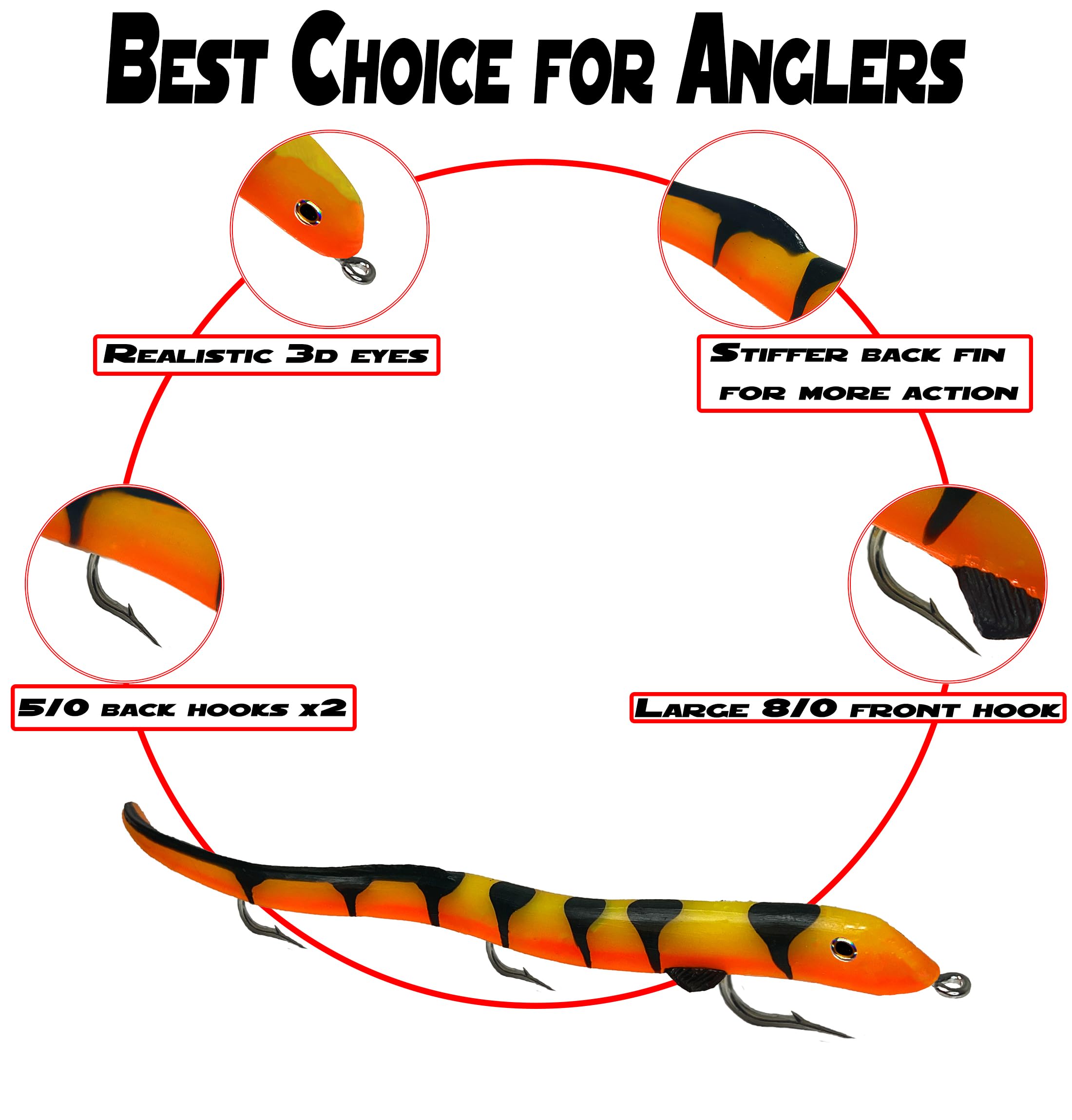 Delong Lures three-hook pre-rigged eel showing durable construction