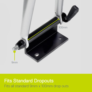 Delta Bike Hitch Pro 9mm quick-release skewer securing standard dropouts.