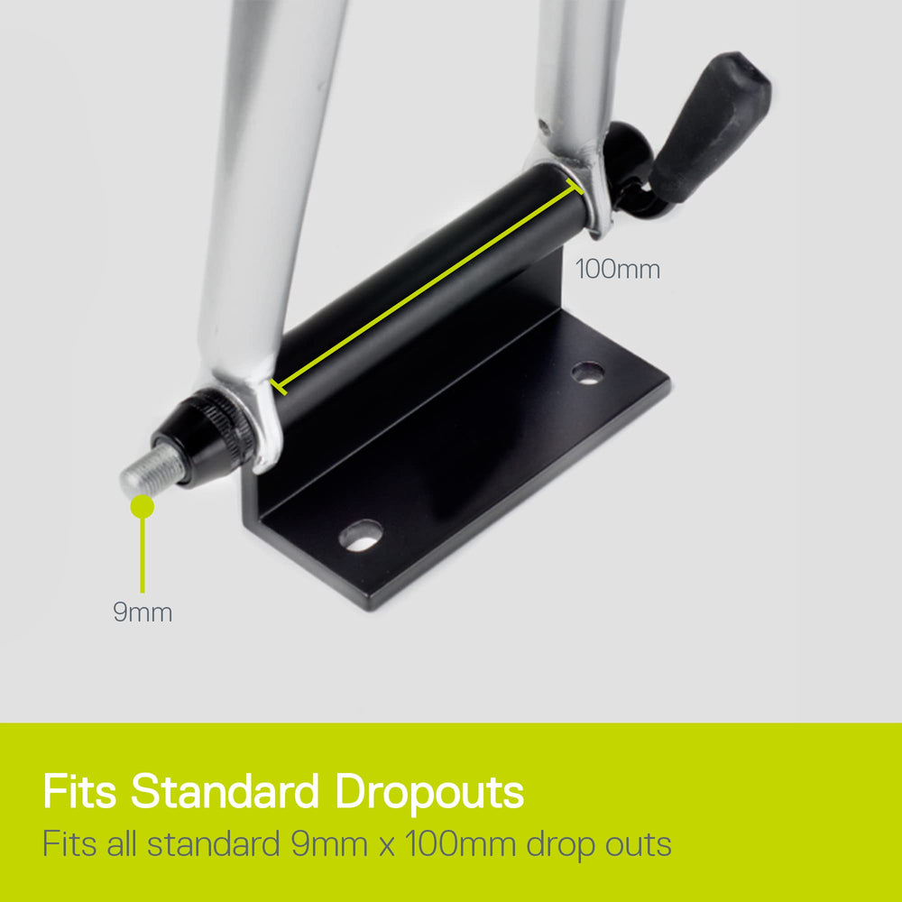 Delta Bike Hitch Pro 9mm quick-release skewer securing standard dropouts.