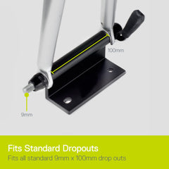 Delta Bike Hitch Pro 9mm quick-release skewer securing standard dropouts.