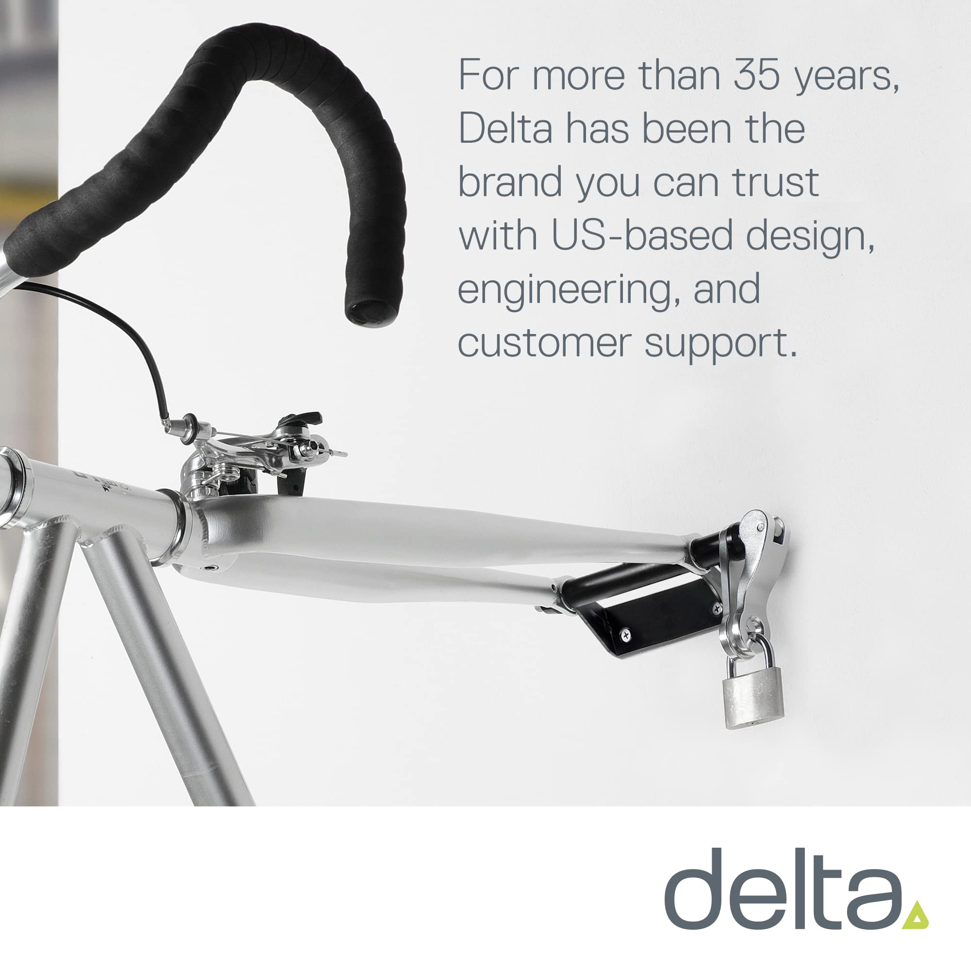 Delta padlock-ready bike rack protects against accidental displacement during transit.
