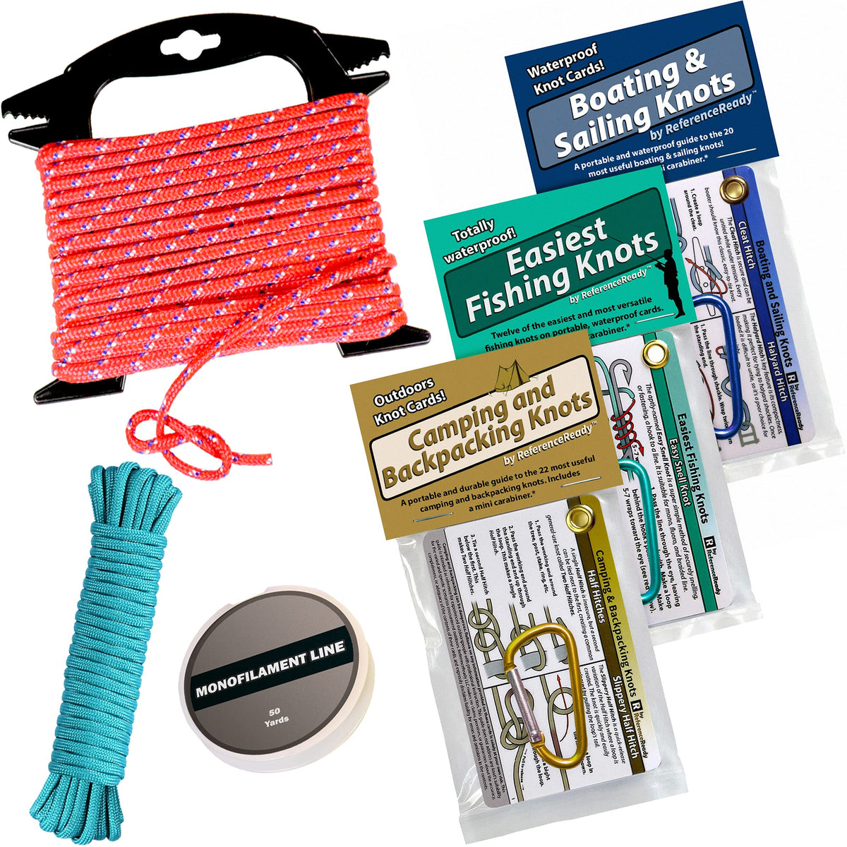 Deluxe Knot Tying Kit with three waterproof knot guides, rope, paracord, and fishing line