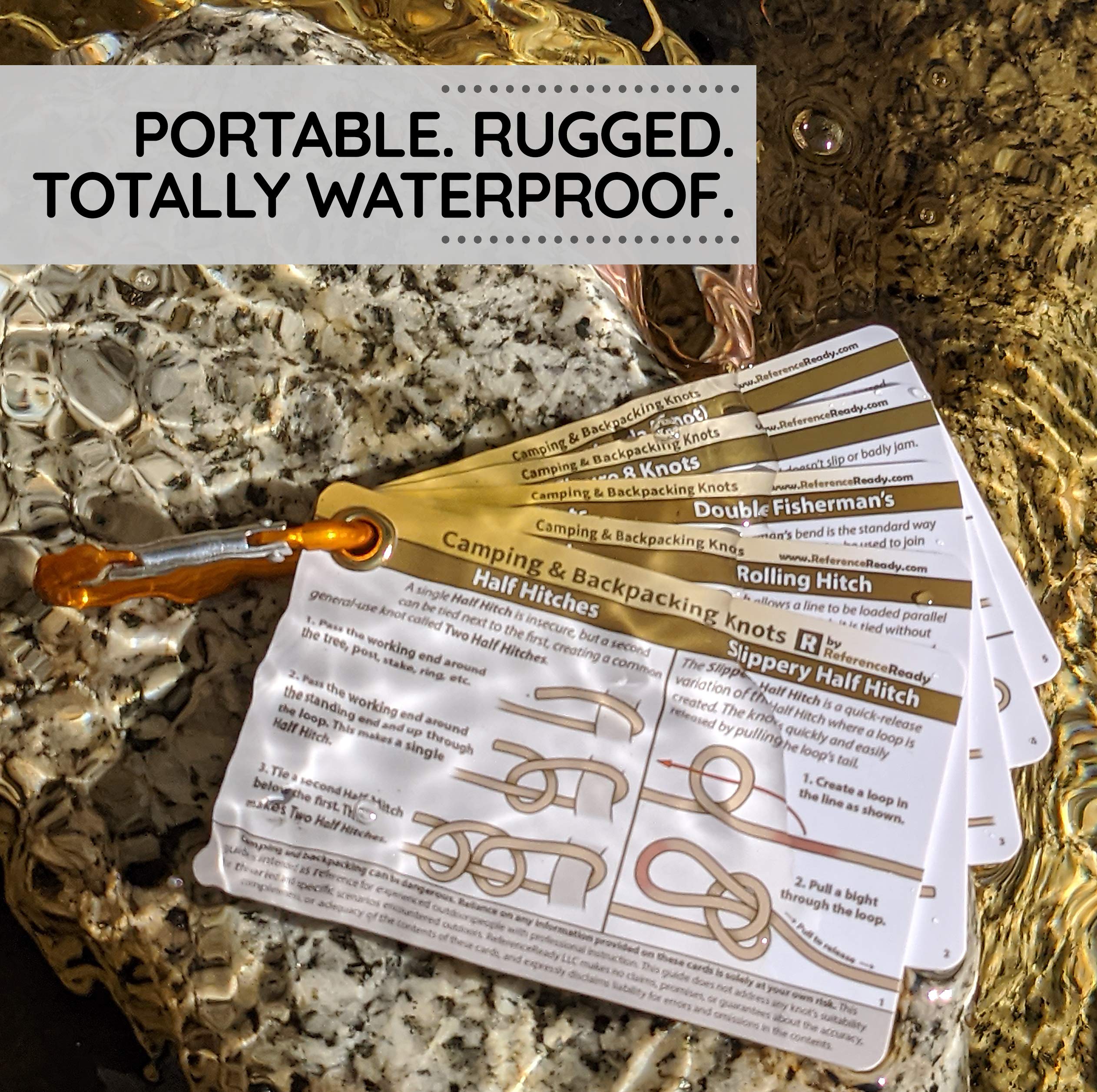 Three mini carabiners and compact knot cards for clipping in the field