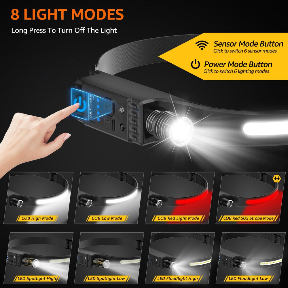 Demlaies headlamp offers 8 modes including red light for night safety.