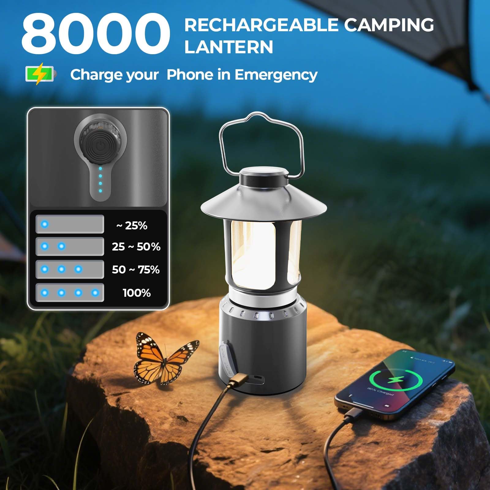 Dengfire camping lantern with Type-C charging for quick recharges.