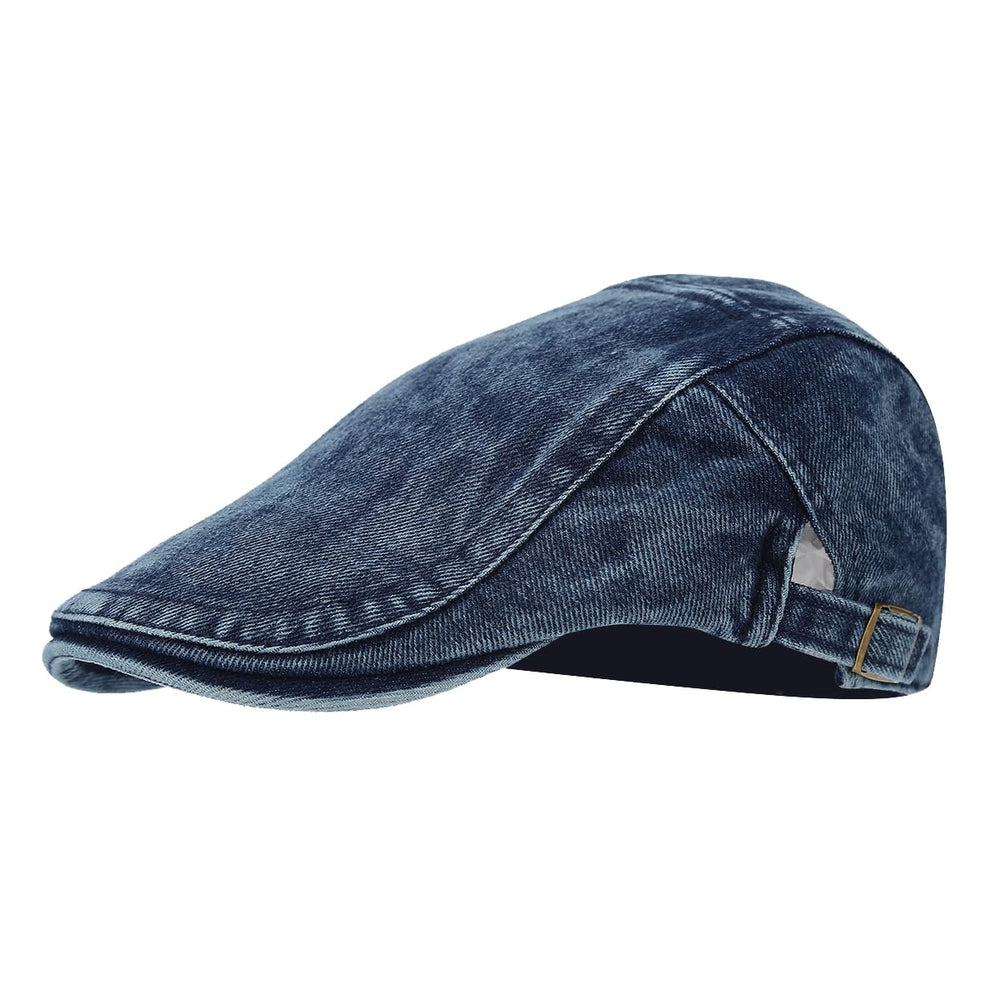 Denim Newsboy Cap front view in dark blue