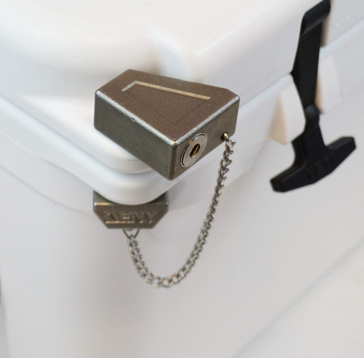 DENY LidLock on YETI Tundra 35qt installed for enhanced anti-theft security outdoors.