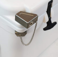 DENY LidLock on YETI Tundra 35qt installed for enhanced anti-theft security outdoors.