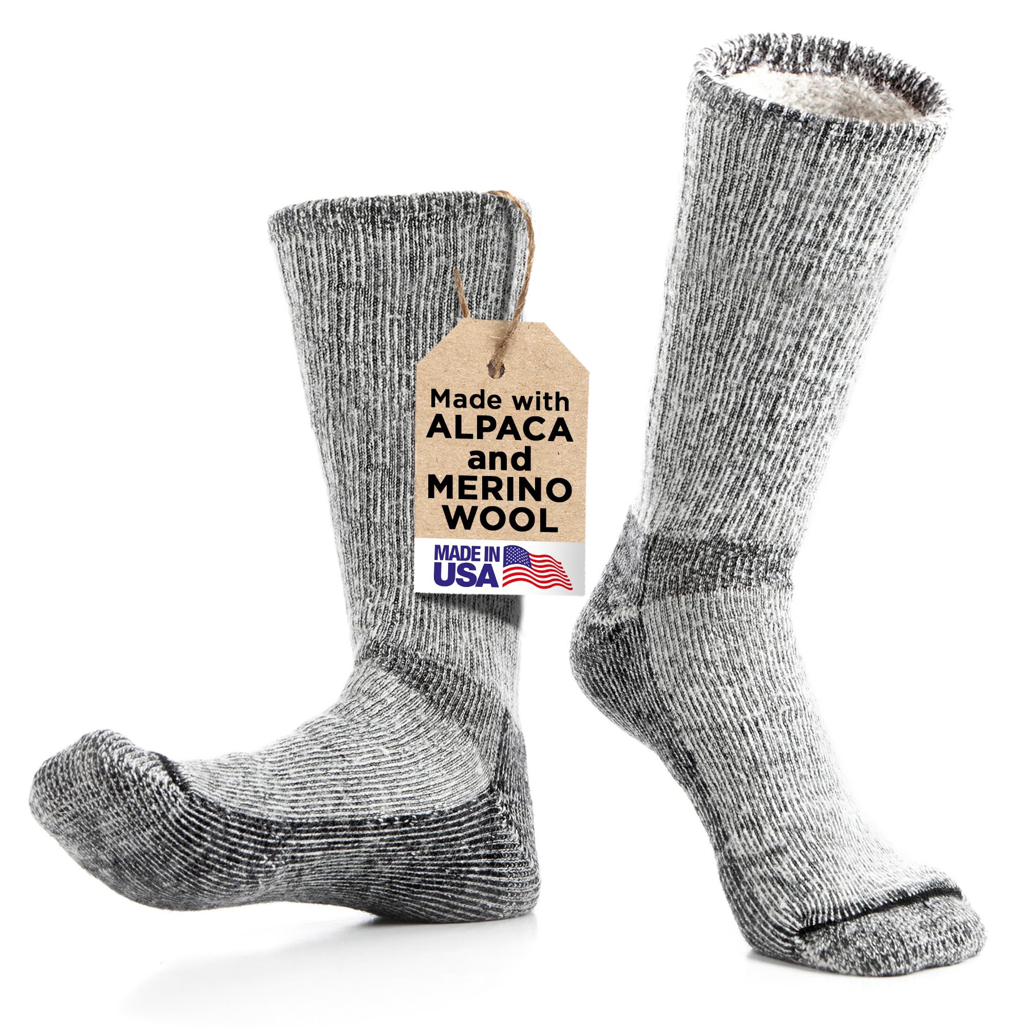 Desert Breeze Alpaca-Merino boot socks show extended boot-height coverage for cold-weather warmth.