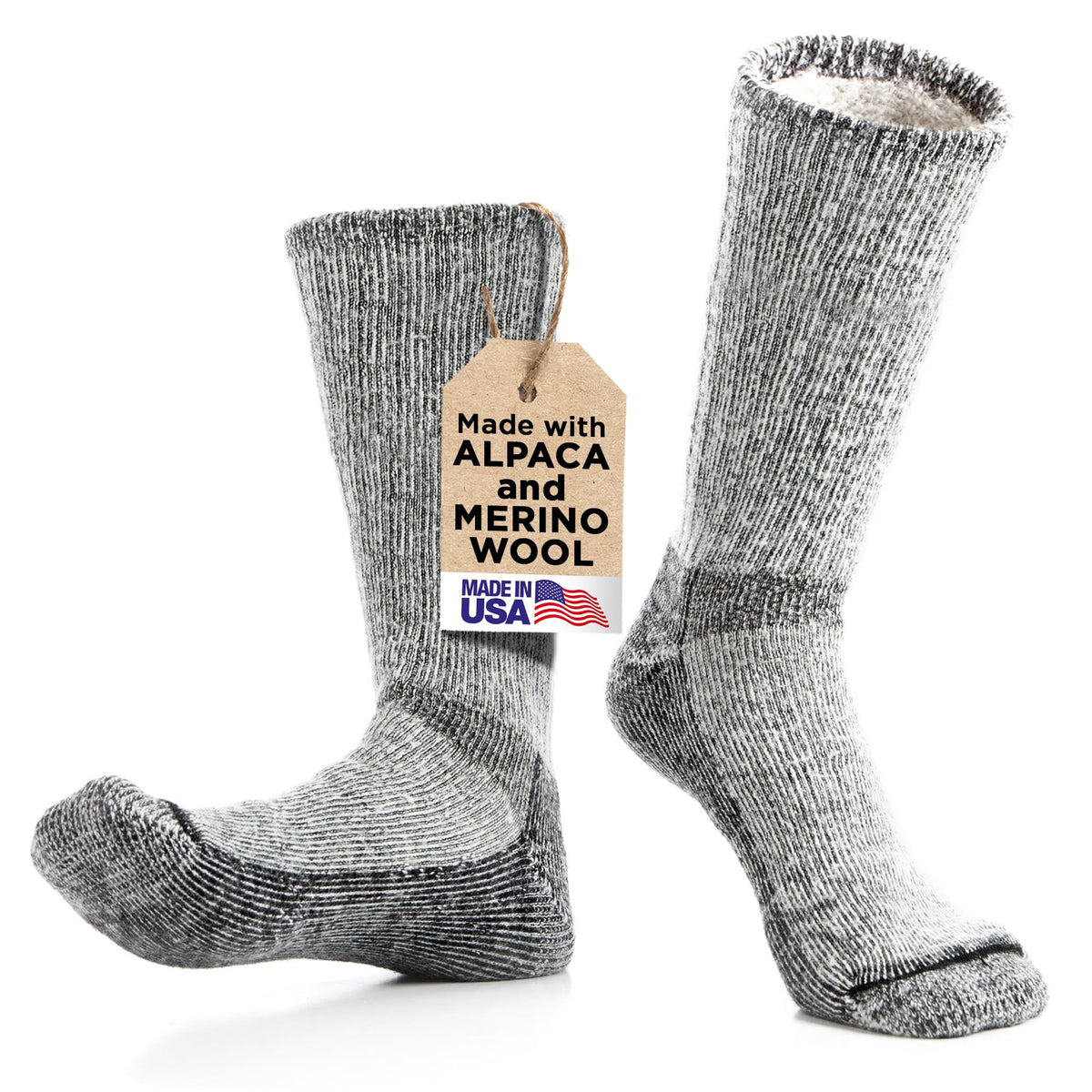 Desert Breeze Alpaca-Merino boot socks show extended boot-height coverage for cold-weather warmth.