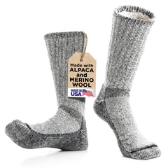 Desert Breeze Alpaca-Merino boot socks show extended boot-height coverage for cold-weather warmth.