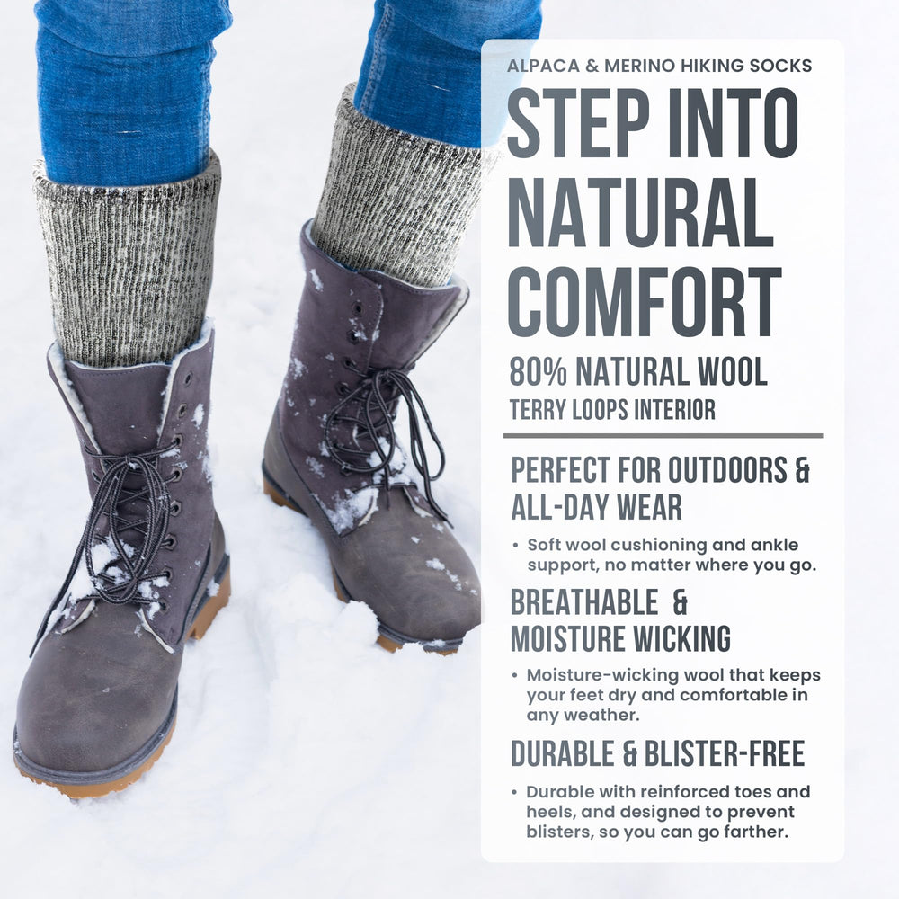 Desert Breeze Alpaca-Merino boot socks deliver plush cushioning for hiking and winter use.