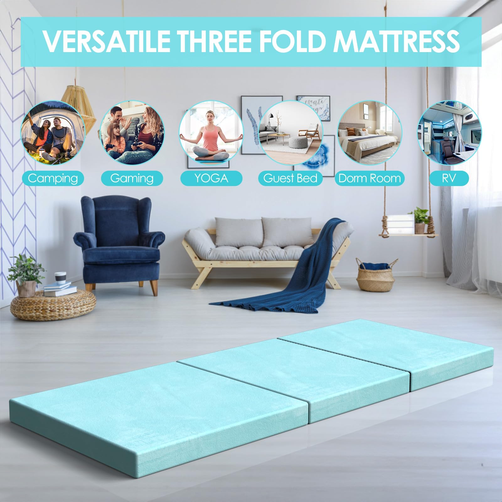 DESQUE Trifold Mattress shown for car camping on varied terrain