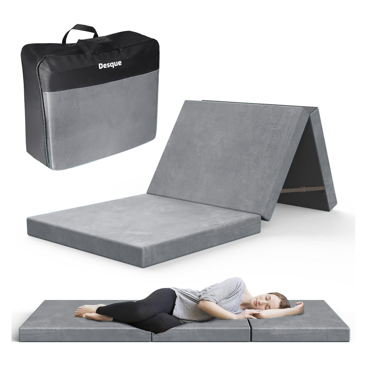 Desque Trifold Mattress in carry bag ready for travel and storage.