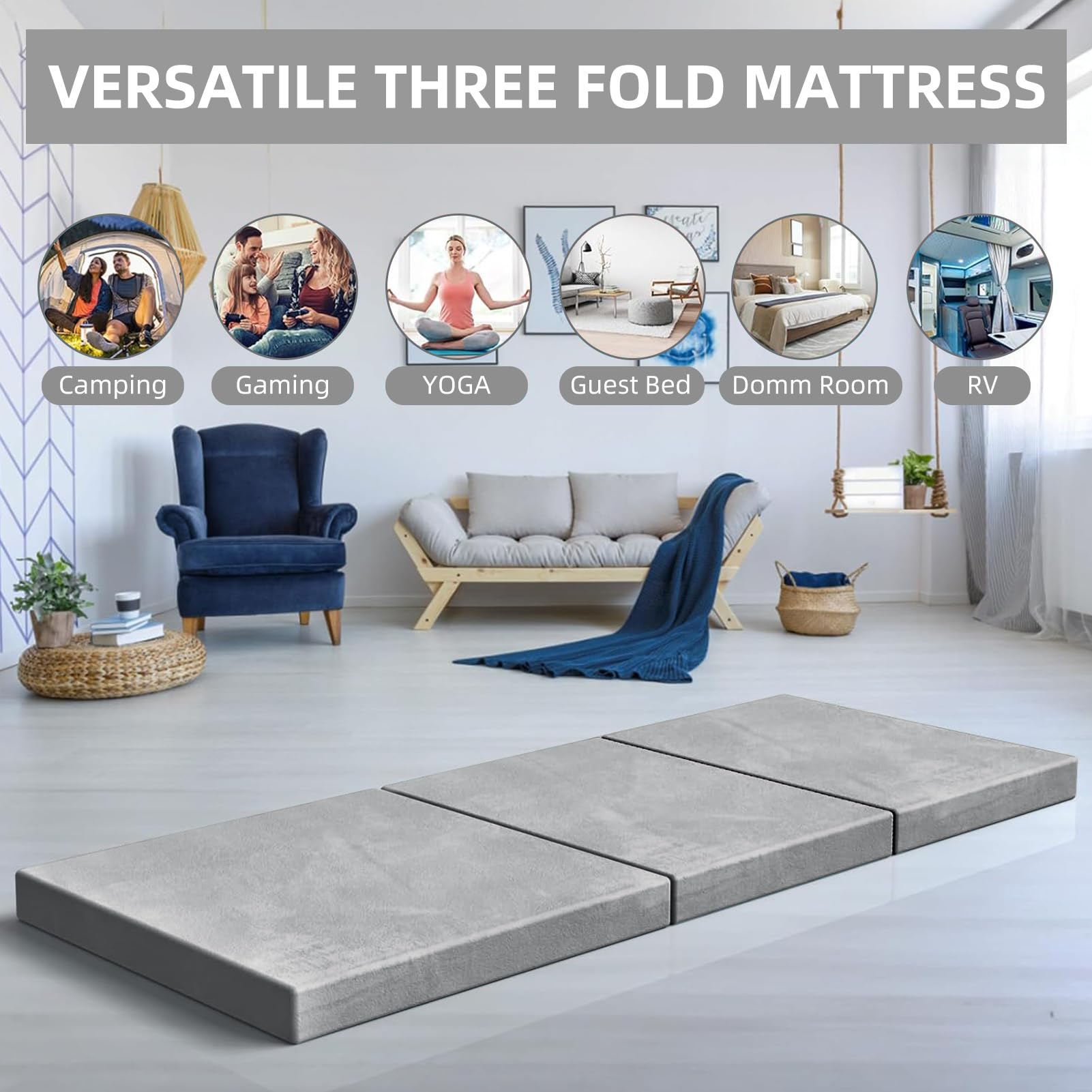 Desque tri-fold configuration doubles as a portable guest bed at home.