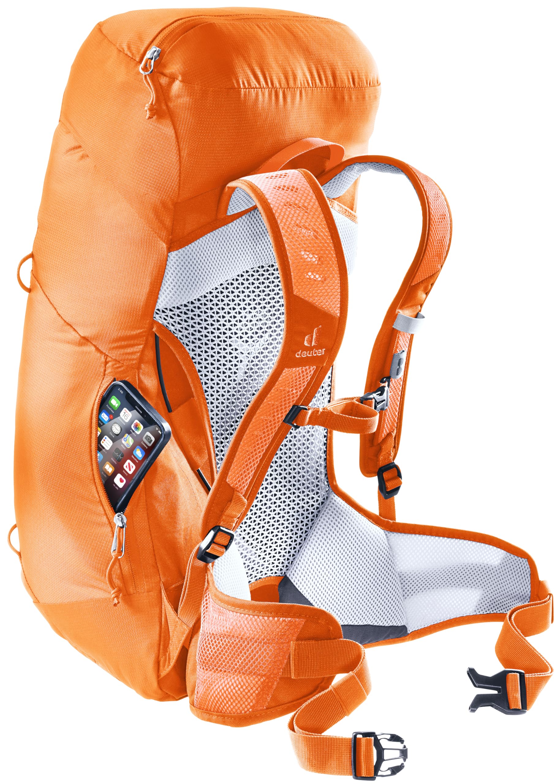 Trekking pole holder on Deuter AC Lite 22 SL keeps poles secure during ascent.