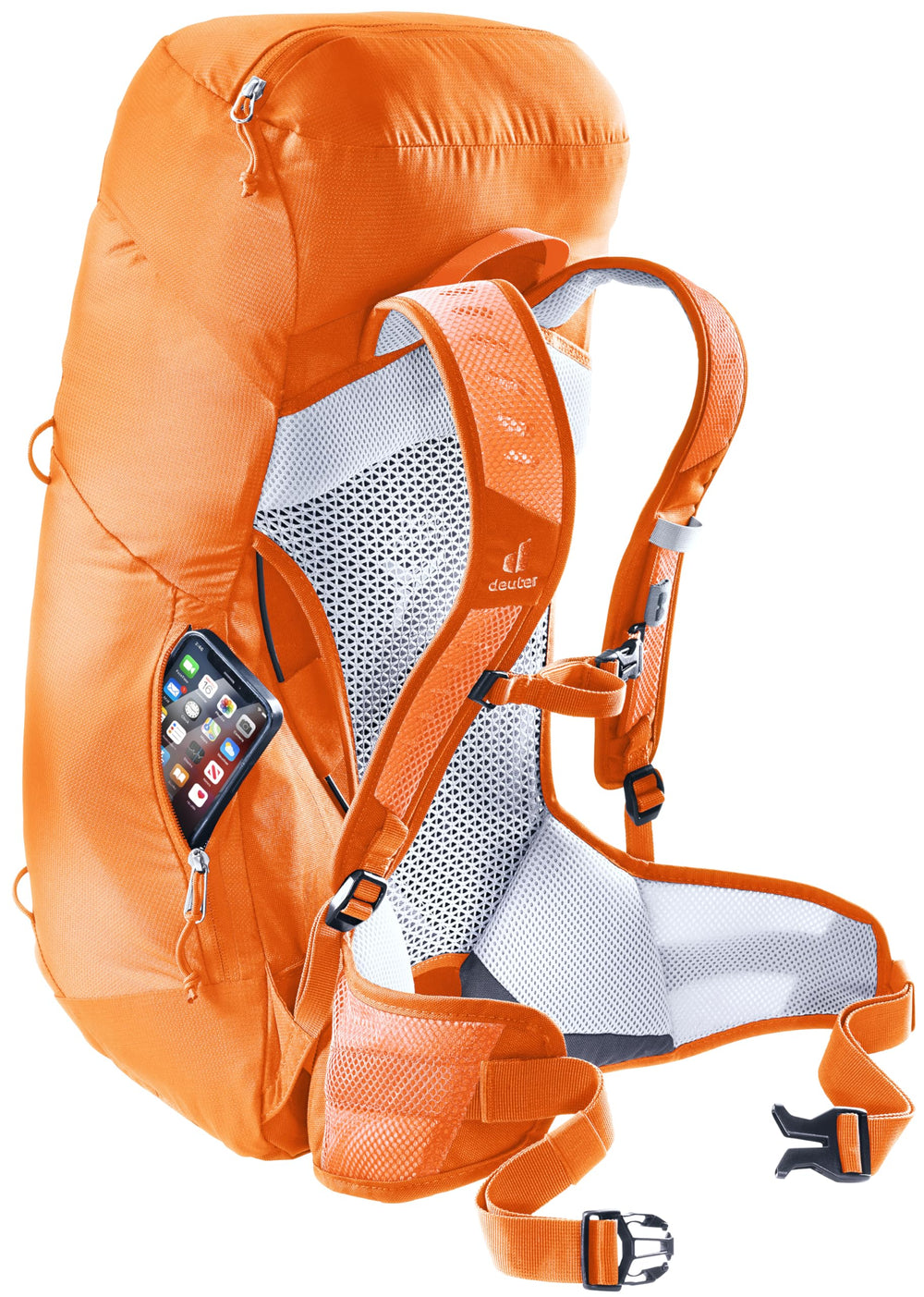 Trekking pole holder on Deuter AC Lite 22 SL keeps poles secure during ascent.
