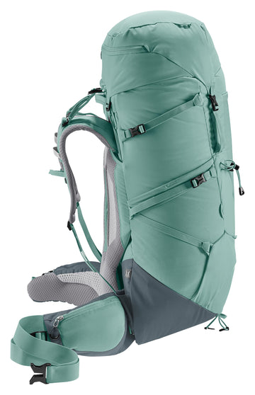 Deuter Aircontact Core 45+10L SL ergonomic hip fins support secure load transfer.