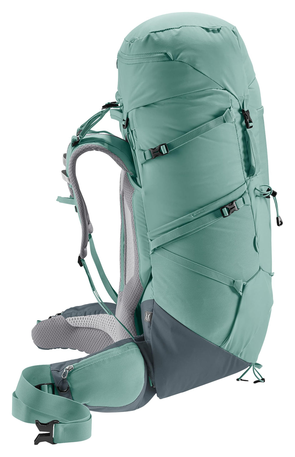 Deuter Aircontact Core 45+10L SL ergonomic hip fins support secure load transfer.