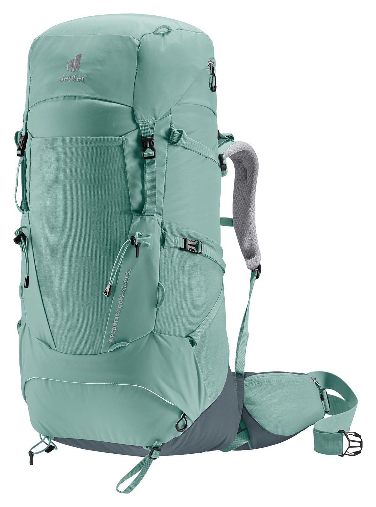 Deuter Aircontact Core 45+10L SL back view shows balanced load for long hikes.