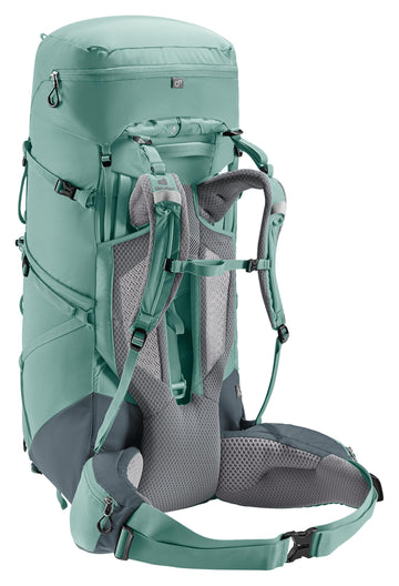 Deuter Aircontact Core 45+10L SL lumbar pad cushions hips during extended trekking.