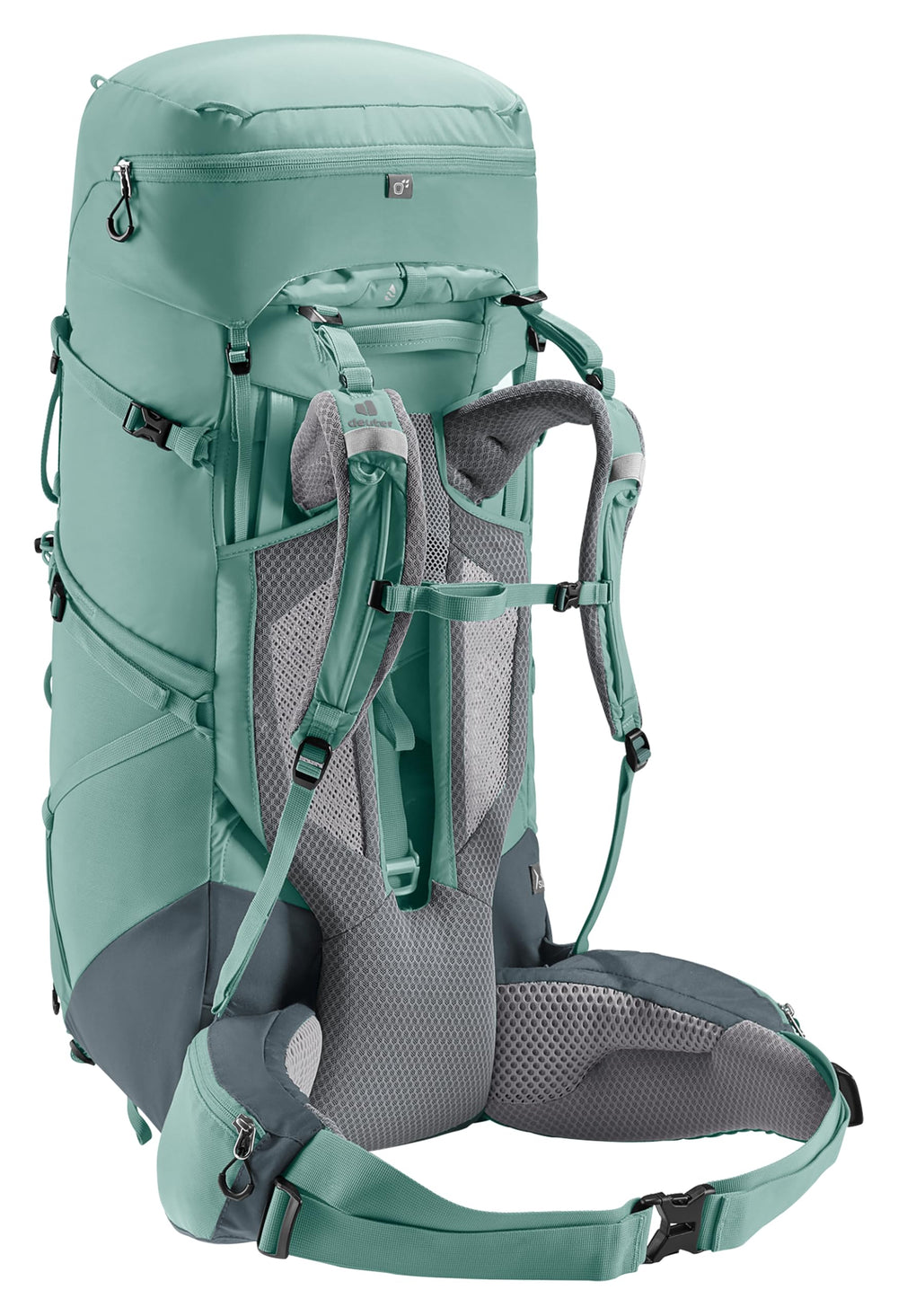 Deuter Aircontact Core 45+10L SL lumbar pad cushions hips during extended trekking.