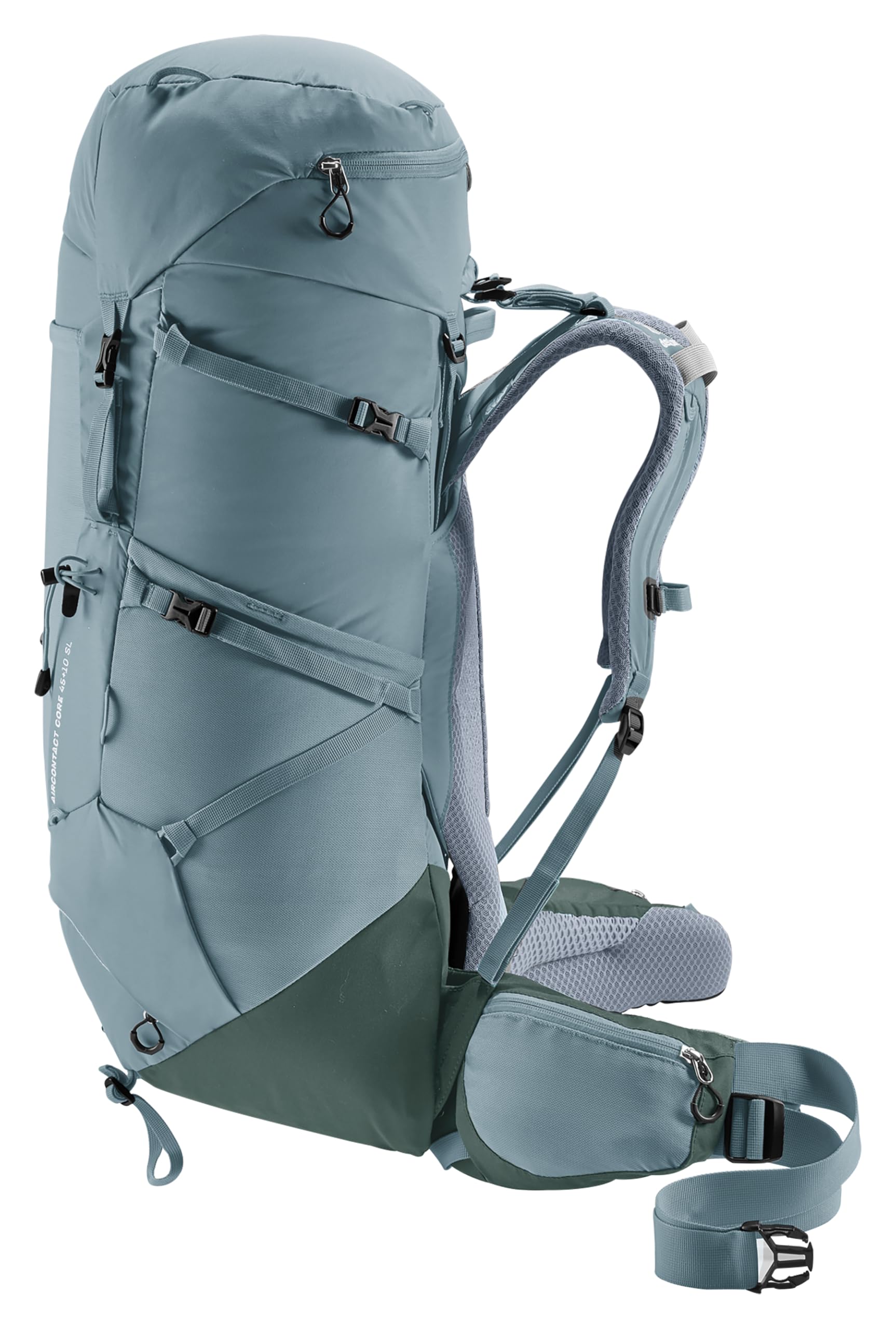 Deuter Aircontact Core 45+10L SL extendable spindrift collar in use.