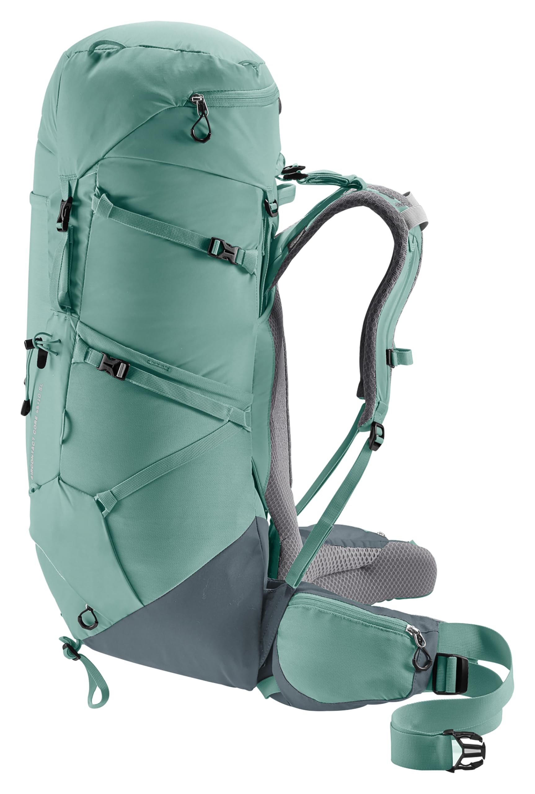 Deuter Aircontact Core 45+10L SL womens fit supports comfortable shoulder and hip alignment.