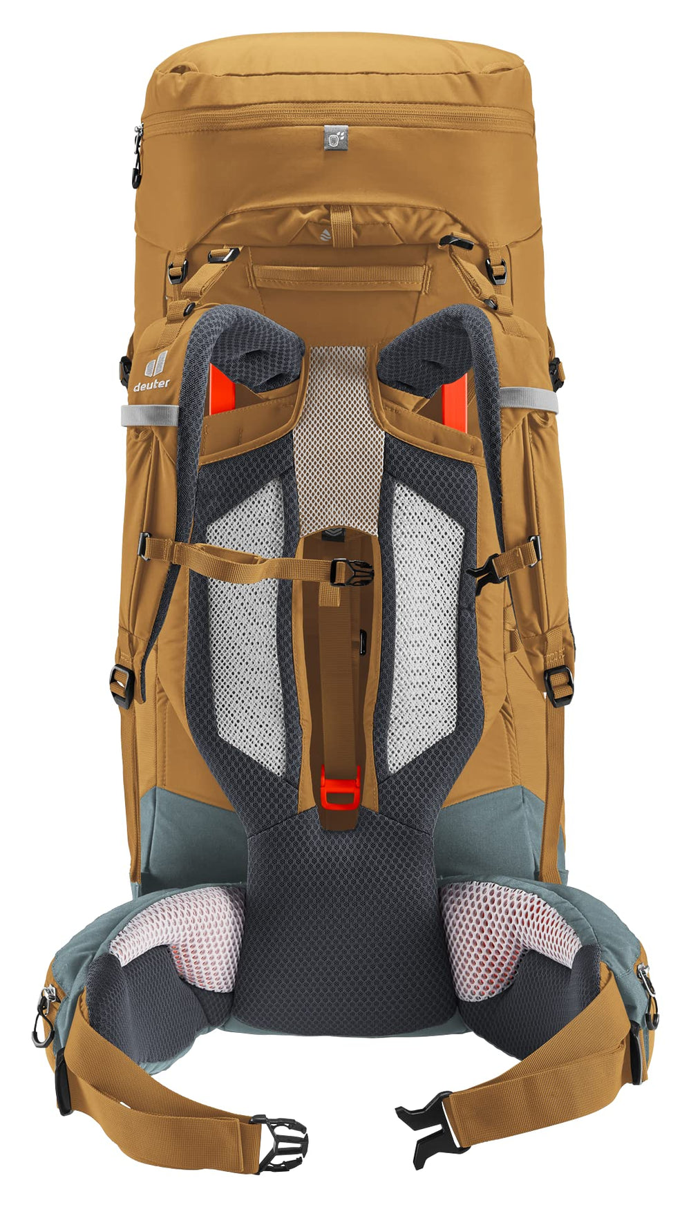 Deuter Aircontact Core 50+10L back panel view supporting balanced load transfer