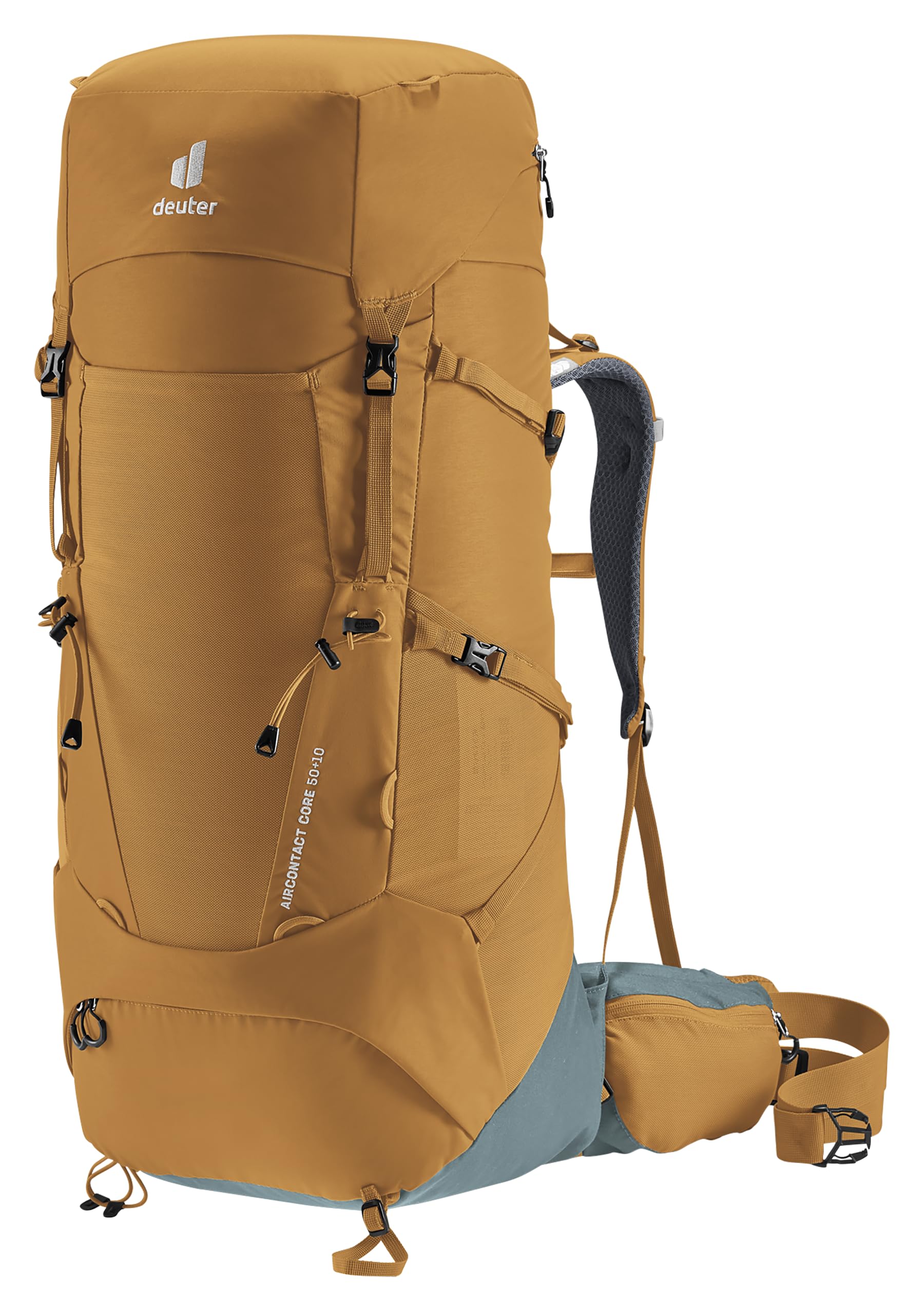 Deuter Aircontact Core 50+10L front view in almond-teal for long hikes
